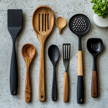 Set of Wooden and Black Kitchen Utensils on Speckled Background photo