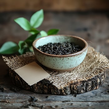 Ceramic Bowl with Black Tea Leaves on Rustic Wooden Surface photo