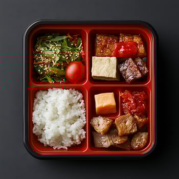 Delicious Asian Bento Box with Rice, Vegetables, and Assorted Toppings photo