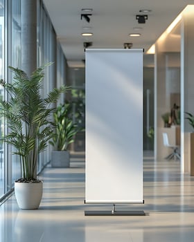 Blank Standing Banner in Modern Office Setting with Plants and Lighting photo