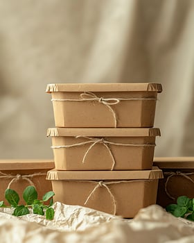 Stack of Eco-Friendly Brown Food Containers with Natural Twine photo
