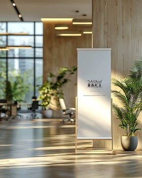 Modern Office Banner Display in Sunlit Stylish Workspace with Greenery photo
