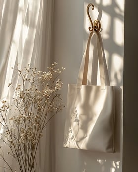 Elegant Tote Bag Hanging on Stylish Hook in Sunlit Room with Decor photo
