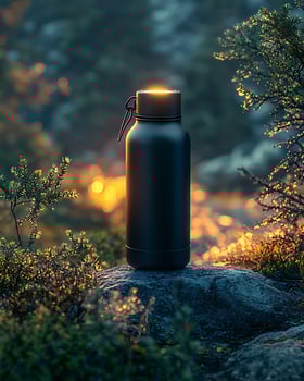 Black Thermos Bottle on Rock During Sunset in Natural Scenery photo