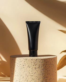 Stylish Black Cosmetic Tube Displayed Against a Neutral Beige Background photo