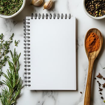 Blank Spiral Notepad with Herbs, Garlic, and Spices on Marble Surface photo