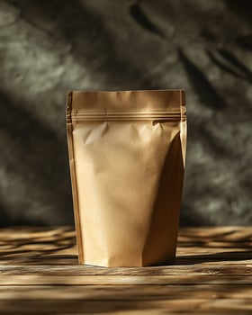 Blank Kraft Paper Pouch in Natural Light on Wooden Surface photo