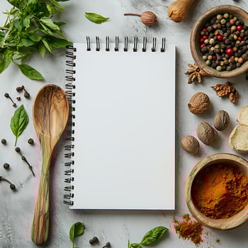 Blank Notepad with Kitchen Ingredients and Wooden Spoon Background photo