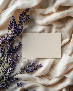 Blank Greeting Card with Lavenders on Soft Fabric Background photo