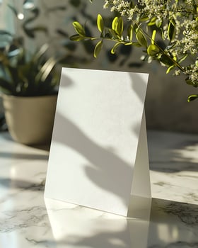 Blank Greeting Card Standing on a Sunlit Marble Tabletop photo