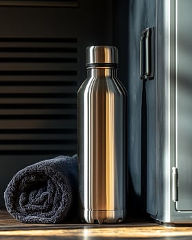 Stainless Steel Water Bottle with Rolled Towel and Locker Background photo