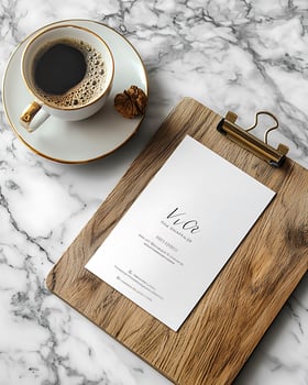 Elegant Business Card Mockup with Coffee Cup on Marble Surface photo