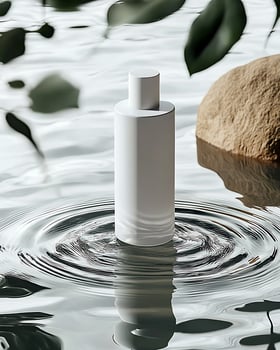 Floating White Bottle on Rippling Water Surrounded by Natural Elements photo