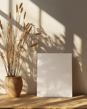 Minimalistic Mockup Featuring Blank White Poster and Rustic Dried Plant Arrangement photo