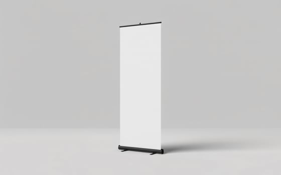 Blank white roll up banner stand display on a gray background photo