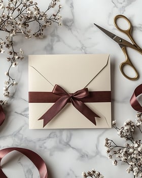 Elegant Cream Envelope with Brown Ribbon on Marble Background photo
