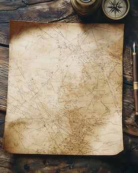Brown Vintage Map with Compass and Pen on Rustic Wooden Surface photo