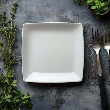 Square White Plate with Cutlery and Fresh Herbs on Textured Surface photo