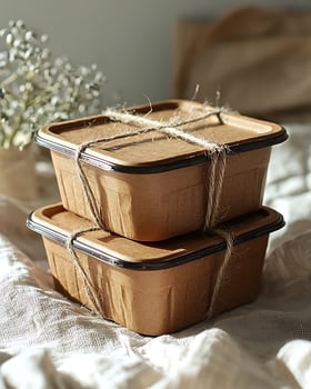 Eco-Friendly Brown Food Containers Stacked and Tied with String Solution photo