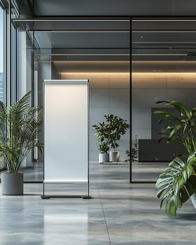 Modern Standing Banner Display in Contemporary Open Space Office Setting photo