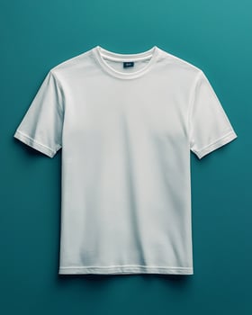 Plain White T-Shirt Displayed Neatly Against a Solid Colored Background Surface photo