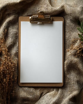 Rustic Clipboard with Blank Paper Surrounded by Burlap and Dried Flowers photo