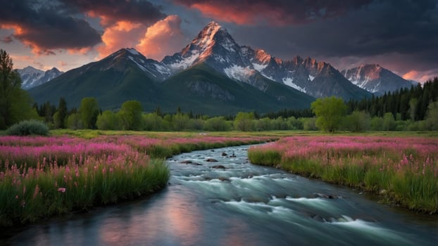 Majestic mountain landscape at sunset with vibrant wildflowers and a flowing river in the foreground photo