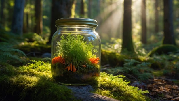 A glass jar filled with vibrant green moss and orange mushrooms set on a mossy forest floor, illuminated by sunlight filtering through the trees photo