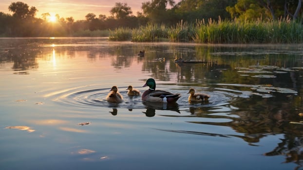 A mother duck and her ducklings swim peacefully in a serene lake at sunrise, surrounded by lush greenery photo