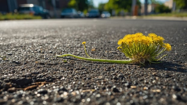 A close-up view of a dandelion flower growing through asphalt on a sunny street with parked cars photo