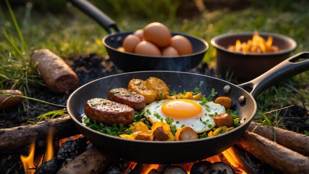 Outdoor cooking scene featuring a frying pan with egg, sausage, and vegetables over a campfire photo