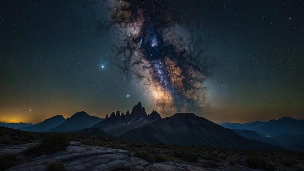 Stunning night sky showcasing the Milky Way over rugged mountain peaks with a serene landscape below photo