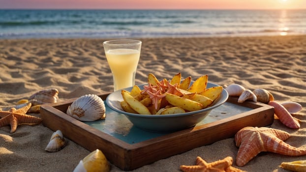 Freshly cooked golden fries served on a beachside tray during sunset, with a refreshing drink nearby photo
