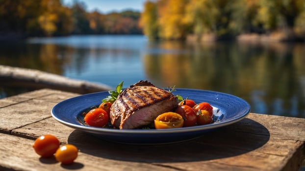Grilled salmon fillet served on a blue plate with cherry tomatoes, set against a serene lake backdrop photo