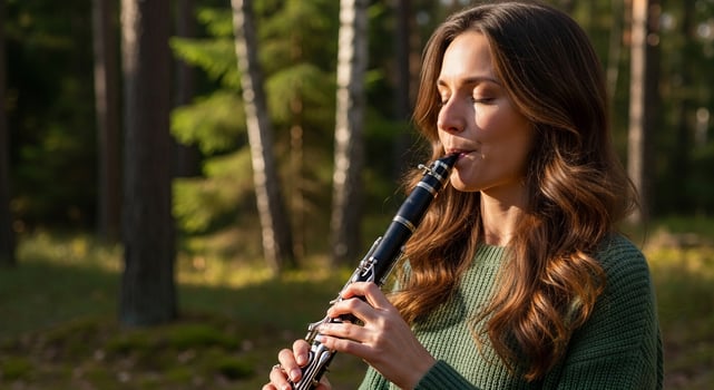 A woman is playing the clarinet in the woods photo