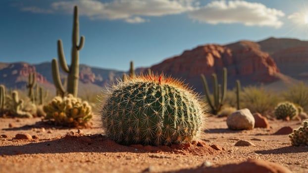 Vibrant cactus in a desert landscape under a clear sky, surrounded by rocky formations and vegetation photo