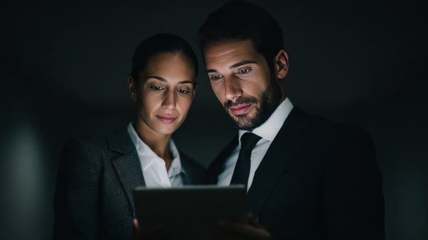 In the dim glow, two Hispanic professionals, a woman and a man, ponder secrets of digital Diwali insights photo