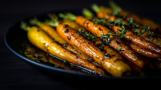 Roasted heirloom carrots glisten with thyme dew, whispering autumn equinox harvest and hidden garden witches brew secrets photo