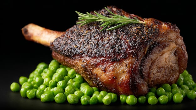 Succulent rosemary kissed lamb chop rests on a vibrant pea bed, evoking medieval feasts and springtime Beltane celebrations photo