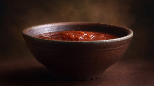 Rich, velvety tomato sauce in rustic clay bowl ignites senses, celebrating Italian Nonnas Day and Tomato Queens Festival photo