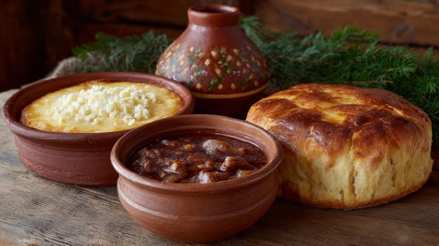 Rustic clay dishes overflowing with cozy Eastern European stew and bread, embodying Slavic hospitality and Orthodox Easter celebration photo