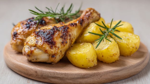 Succulent roast chicken legs with golden potatoes, a savory tableau for Thanksgiving nostalgia or Solstice feasting symphony photo