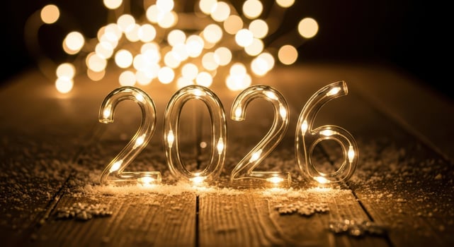 Happy new year 2026 numbers illuminated with warm bokeh lights photo