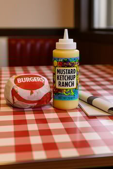 Burger and condiment bottle mockup on checkered table photo