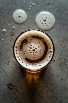 Beer Pint with Foam Forming Smile Pattern in Overhead Close Up photo