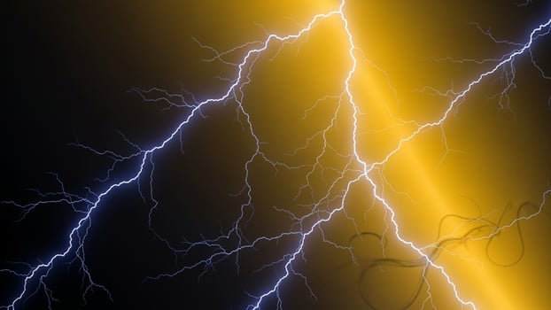 A lightning bolt is shown in the dark photo