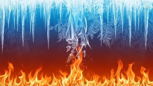 Frozen waterfalls and ice on fire background photo