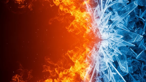 Ice and fire, abstract background with blue and orange flames photo