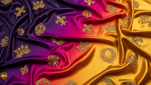 A close up of a purple and gold silk fabric photo