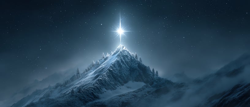 Majestic snowy peak under a starry sky. photo